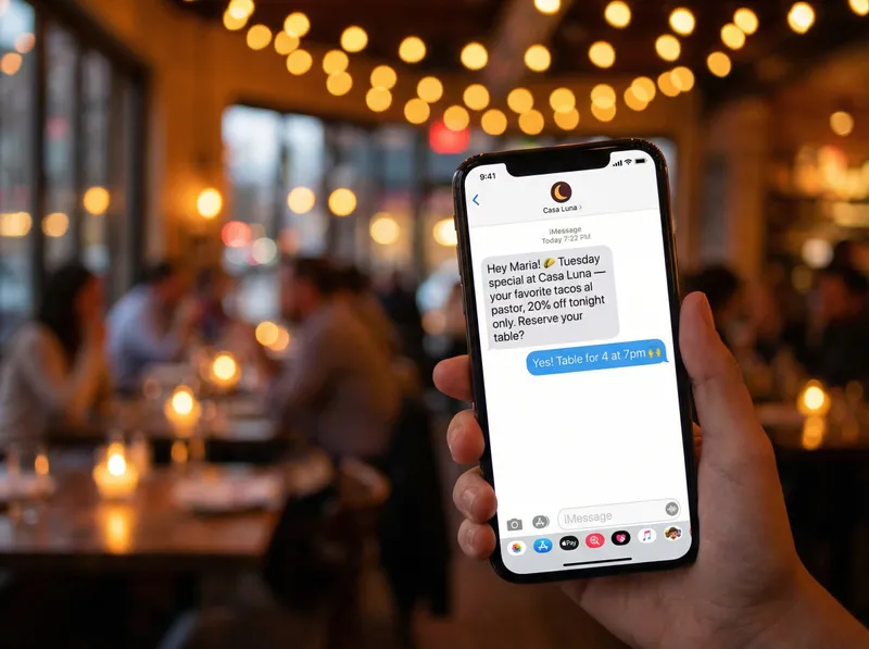 Teléfono mostrando conversación SMS con cliente reservando mesa para la promoción del martes en un restaurante del sur de Florida