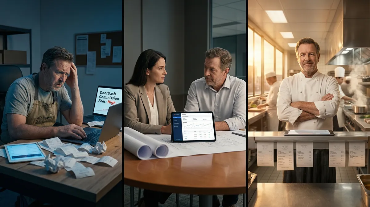 Transformación en tres paneles: dueño de restaurante estresado por comisiones de delivery, reunión con el equipo NexoDine, dueño seguro en cocina próspera