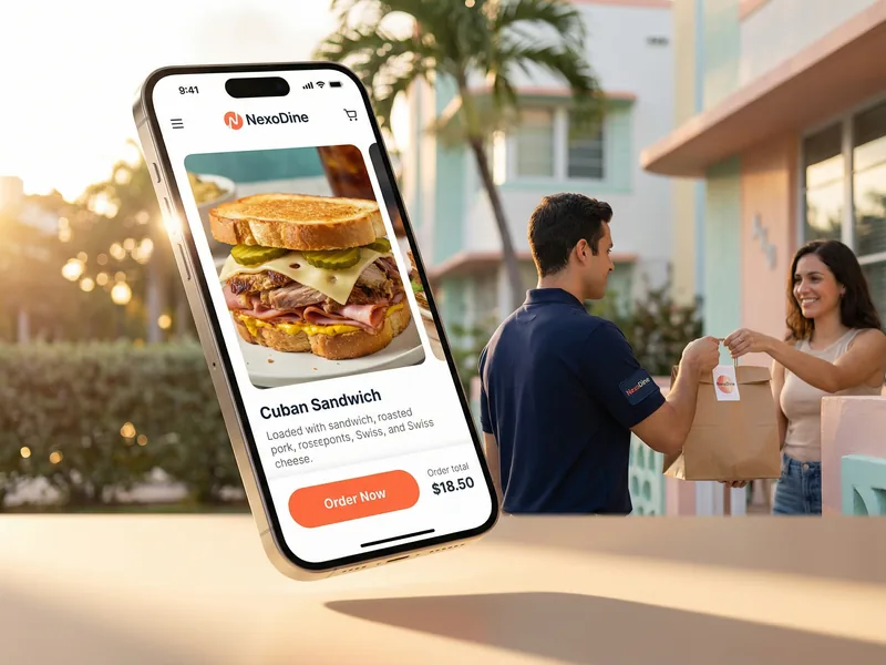 App móvil de pedidos NexoDine mostrando menú de sándwich cubano con entrega de repartidor en Miami